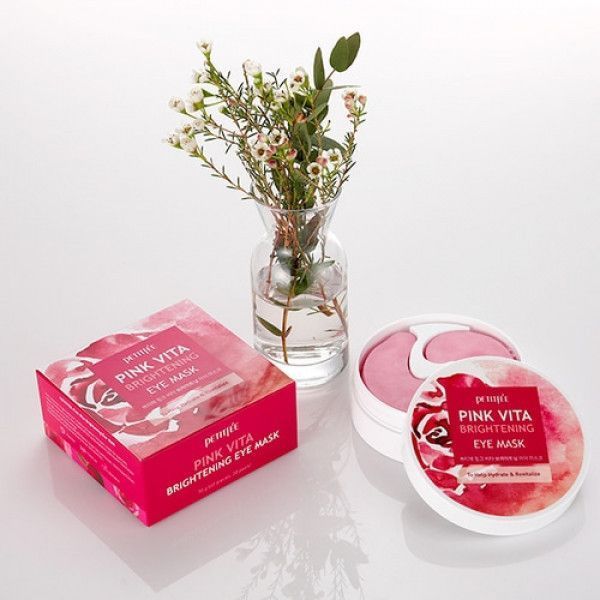 Освітлюючі патчі для очей на основі есенції трояндової води PETITFEE Pink Vita Brightening Eye Mask 60шт 1899627545 фото